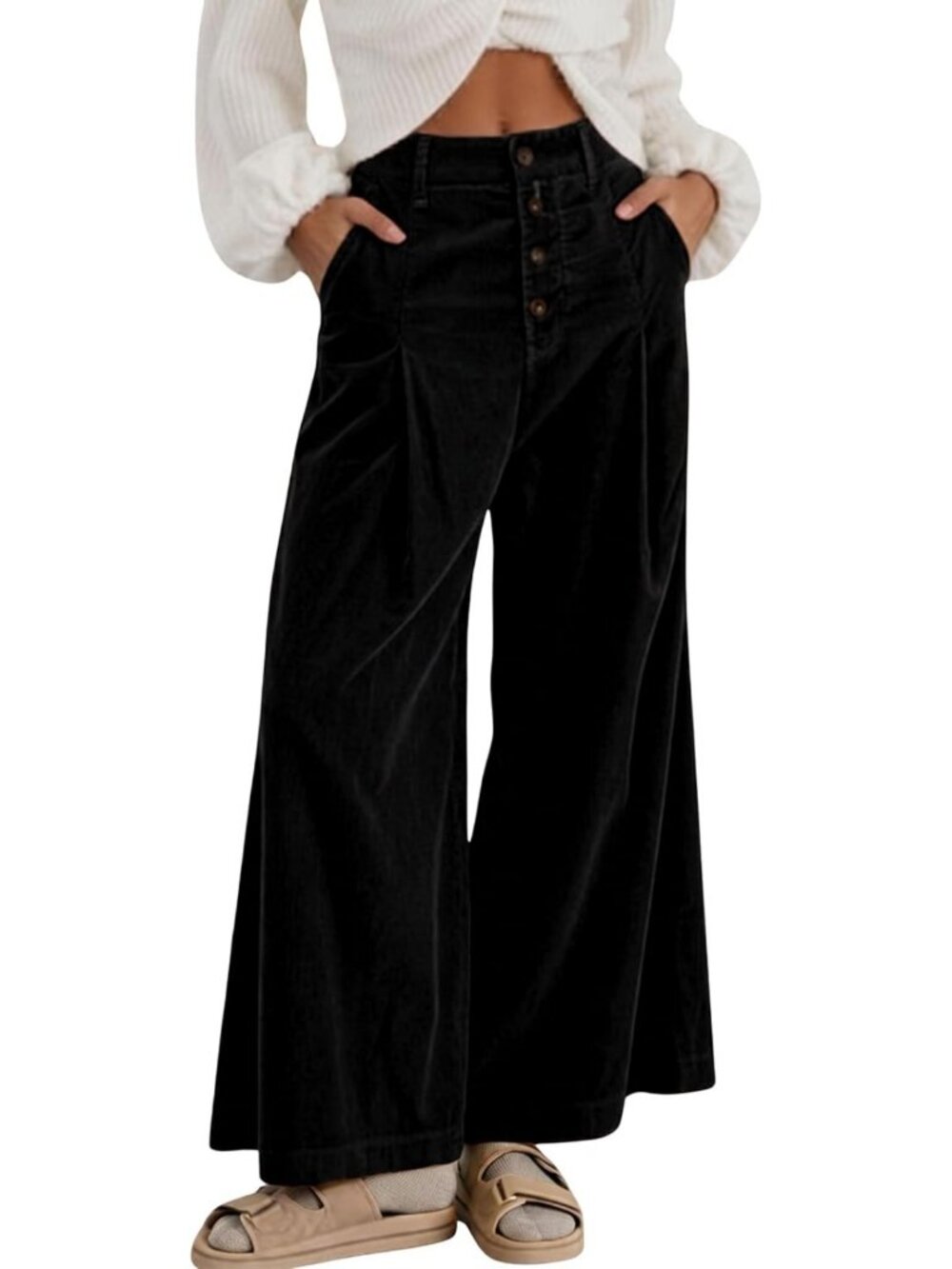 Chic Women's Corduroy Wide Leg Trousers with Button Front - Stylish & Comfy